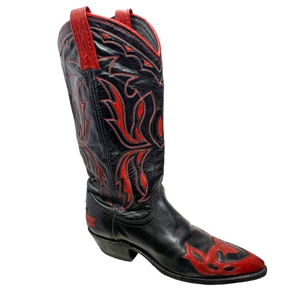 Vintage Dan Post Black Leather Red Inlaid Leather Cowgirl Boots - Picture 2 of 12